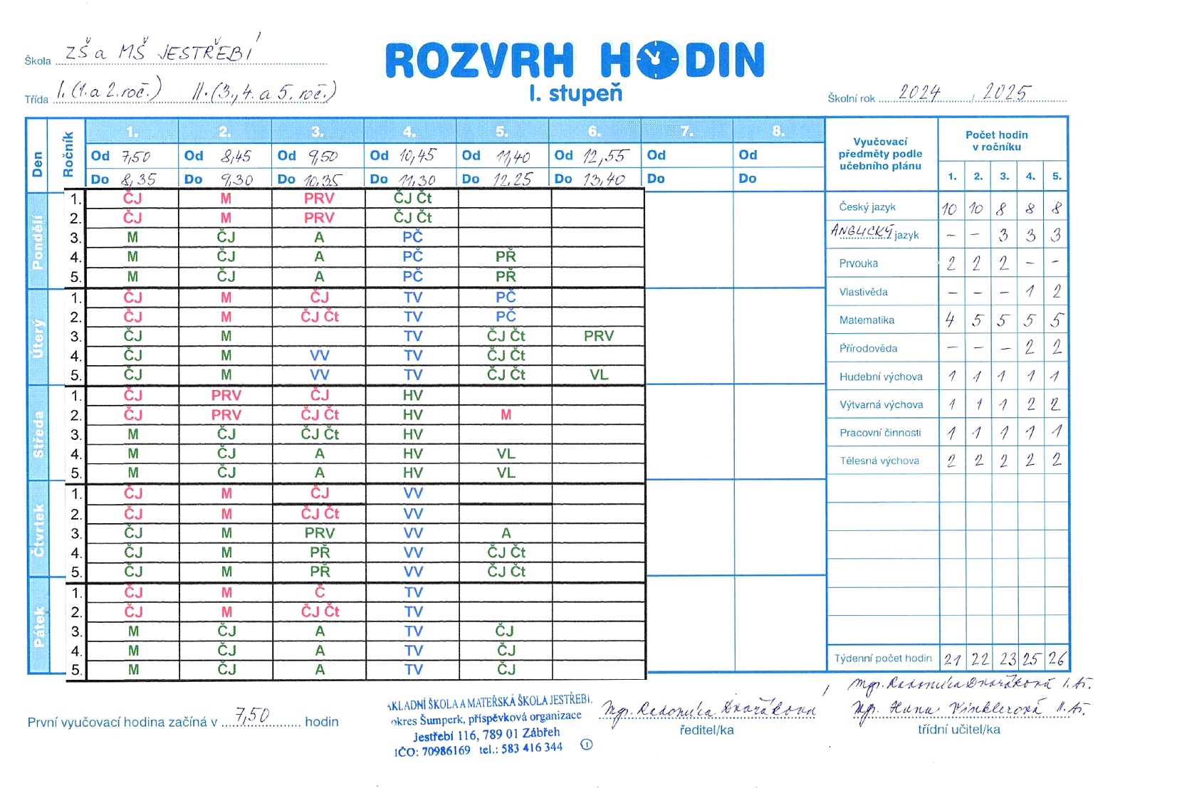 Rozvrh hodin 2024/25 - ZŠ Jestřebí